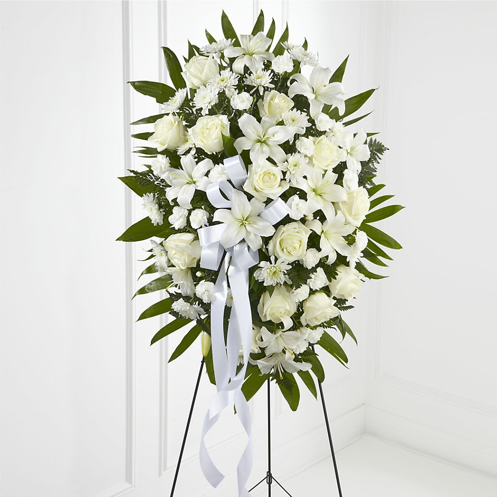 Exquisite Tribute Standing Spray-White Ribbon – La Fleur Bijou, Fort Lauderdale FL